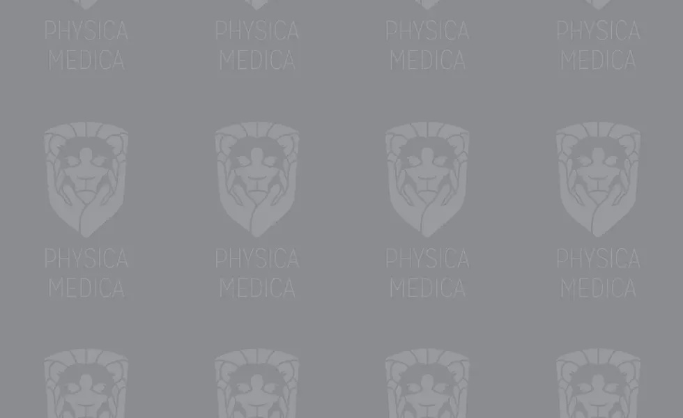 Faded Physica Medica logo pattern on gray background used as hero banner backdrop